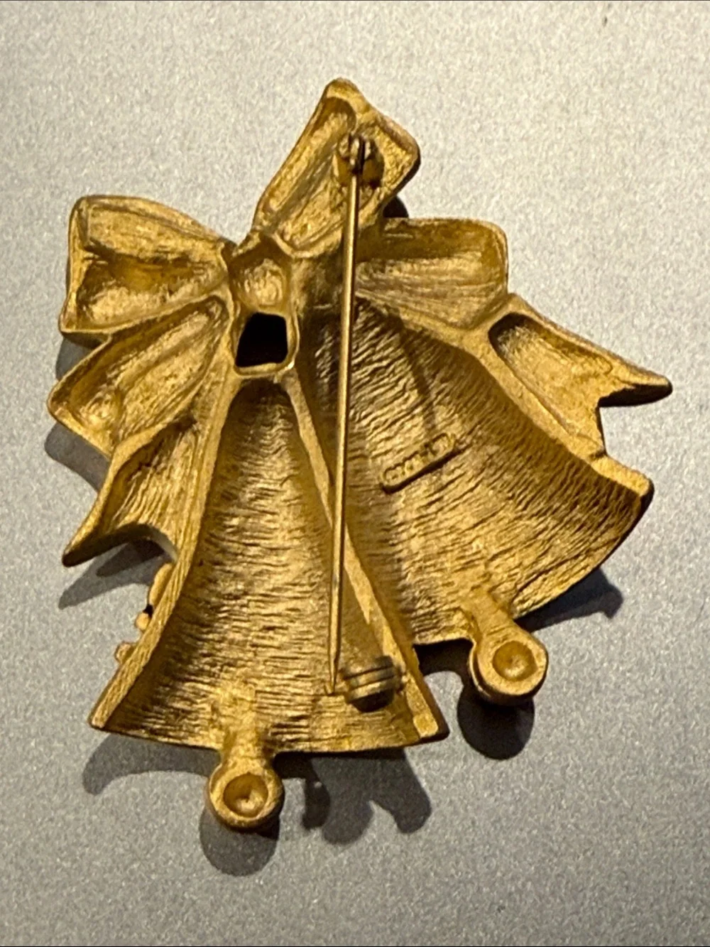Gold-Tone Green & Red Bell Brooch with Bow